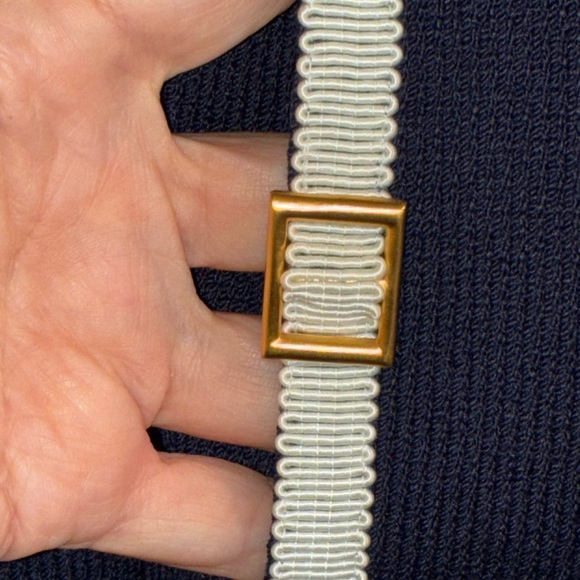 St John Collection Navy Blue Zip Jacket Knit Sz 12 White Ribbon Trim Gold Buckle - Picture 5 of 9